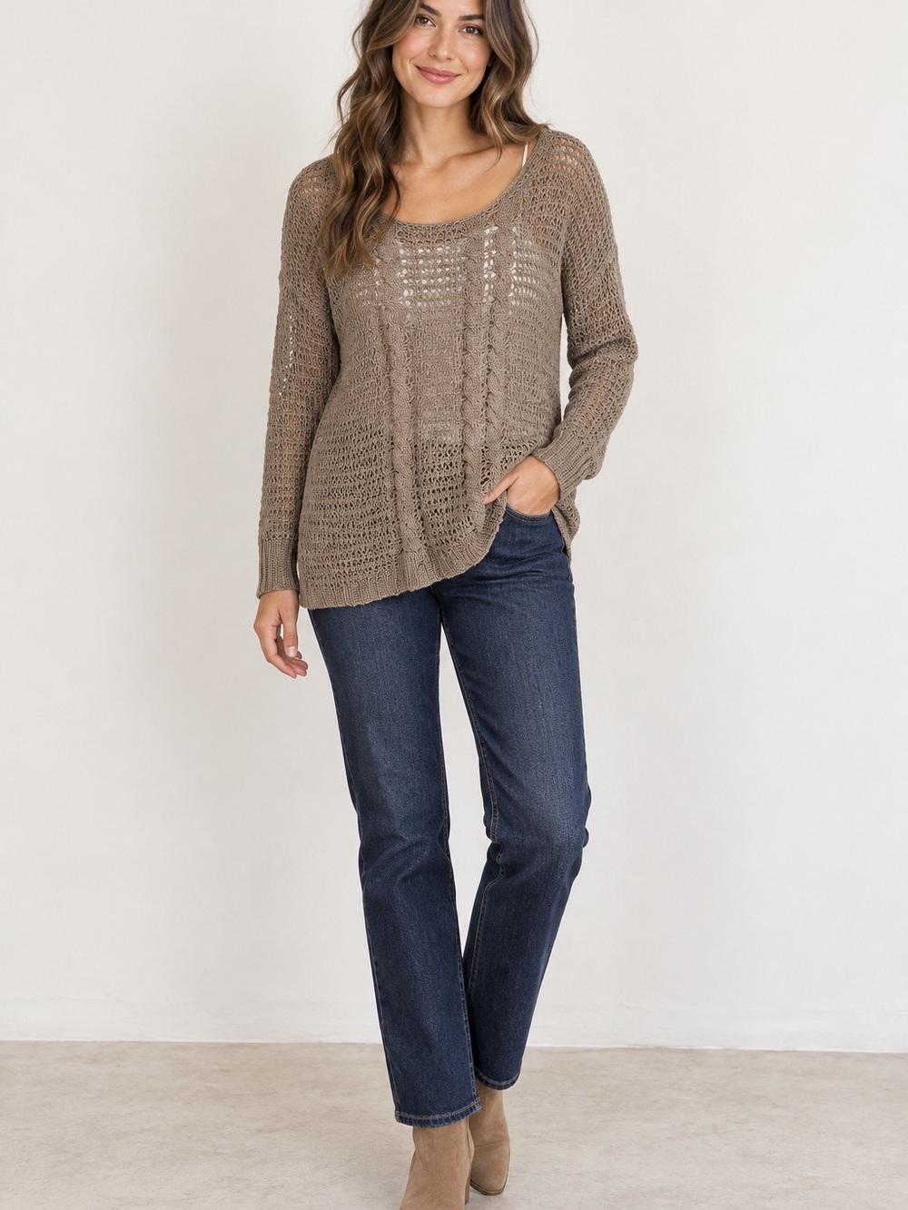 Kenar Womenβs Medium Taupe Open-Knit Cable Sweater